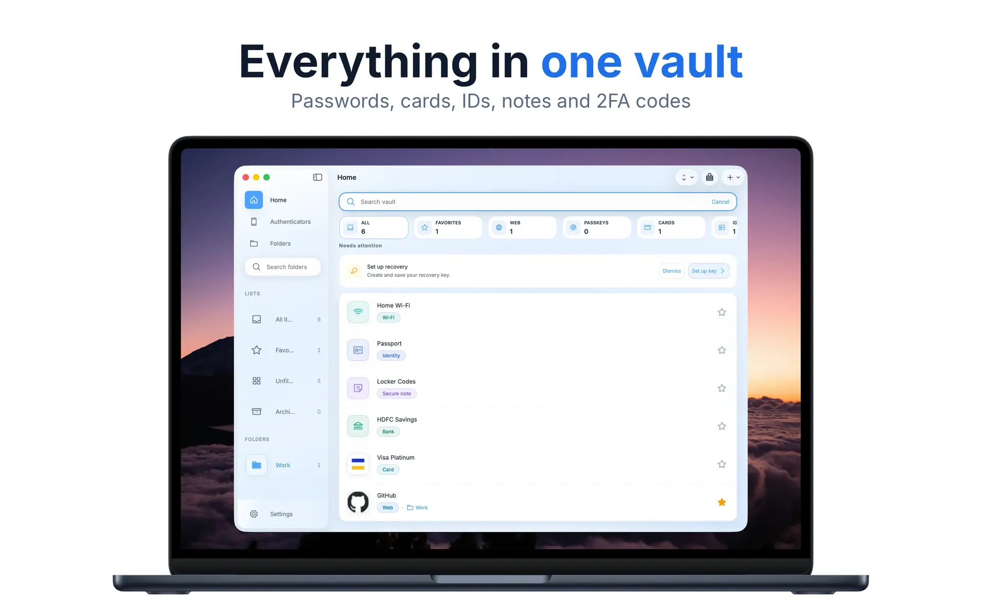 Zen Passwords on Mac: the vault open on a Mac desktop, a sidebar of lists and folders beside six saved items, counters for favourites, web logins, passkeys and cards, and a prompt to set up a recovery key