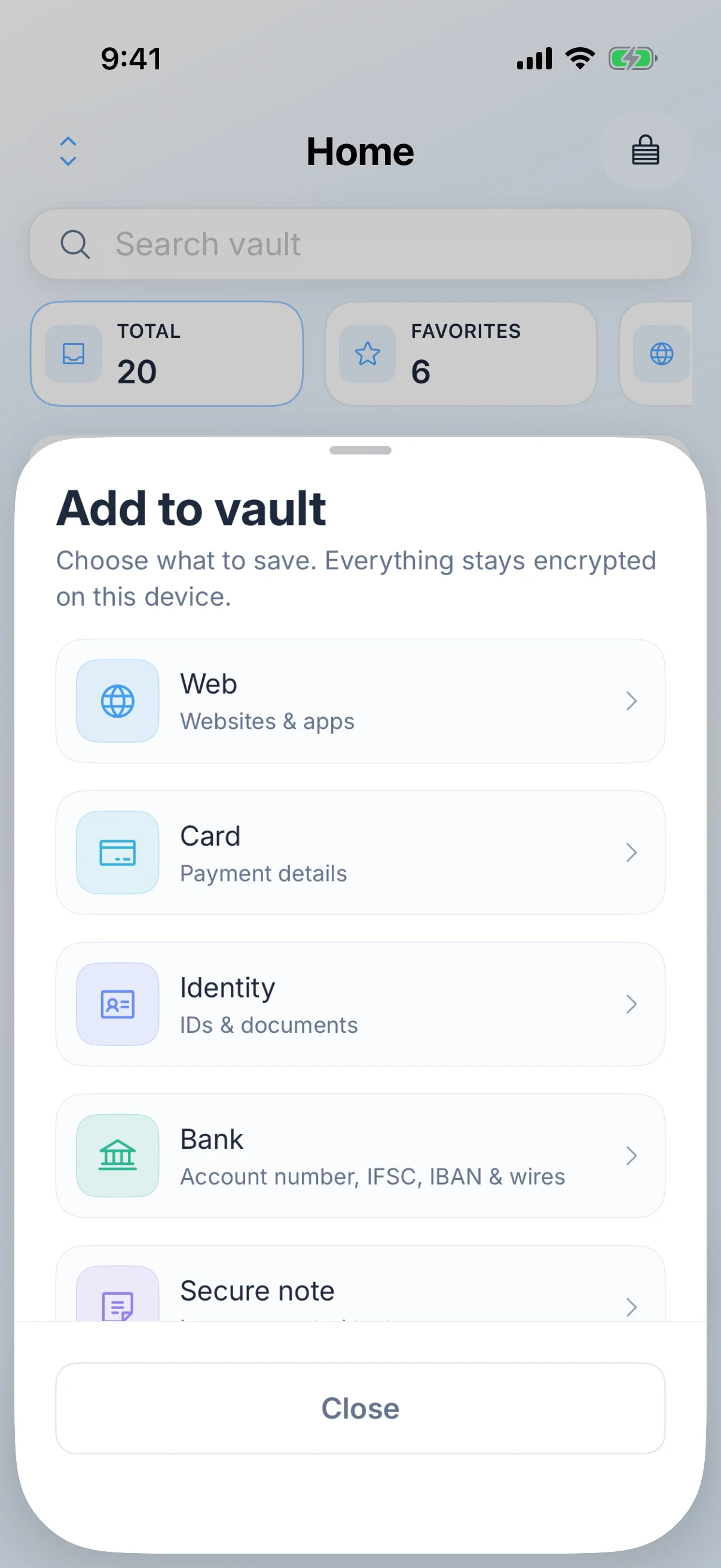Zen Passwords on iPhone: adding to the vault, choosing between a web login, a card, an identity, a bank account or a secure note, with a note that everything stays encrypted on the device