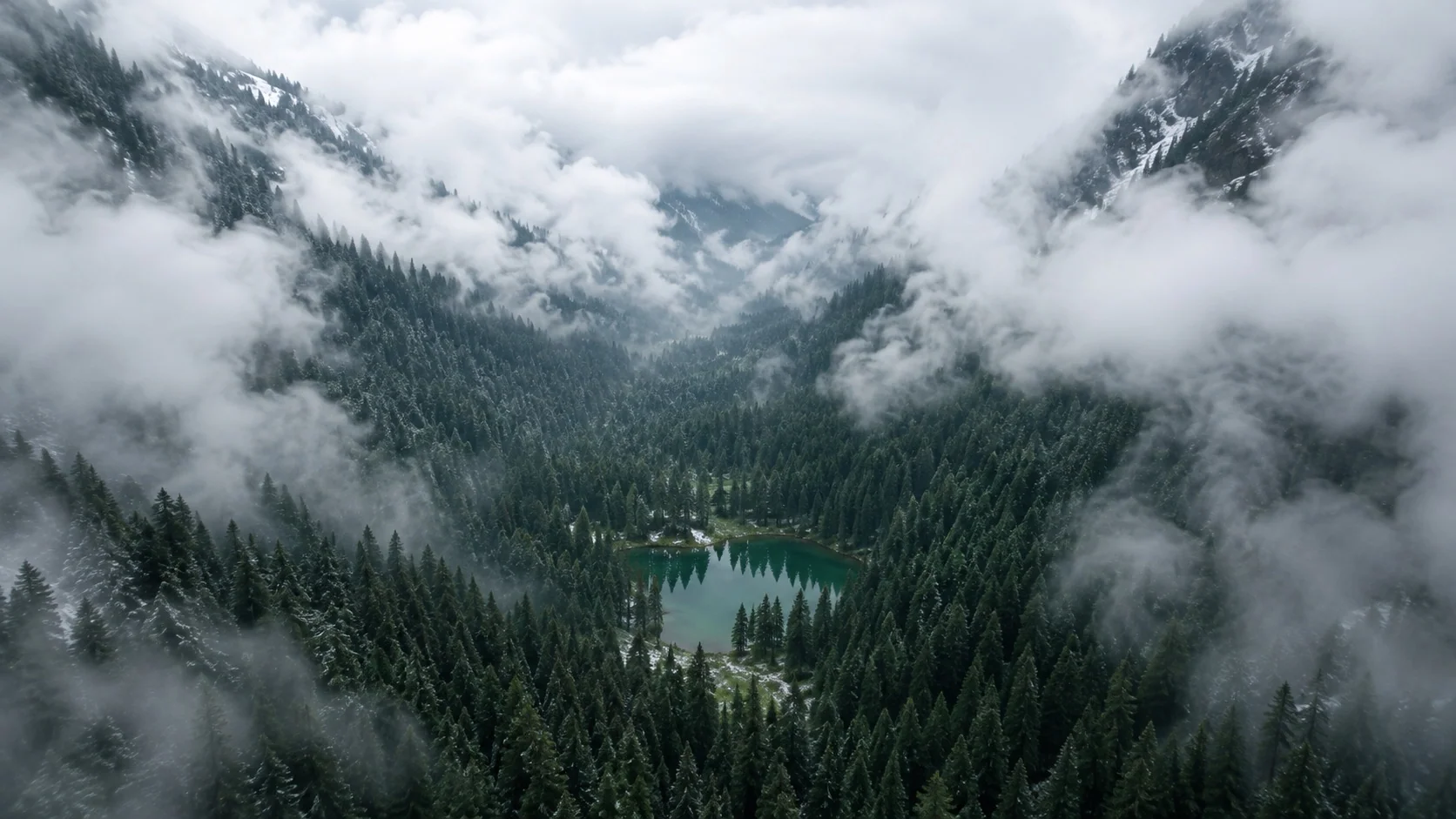 Cloud forest opening onto a quiet emerald pool
