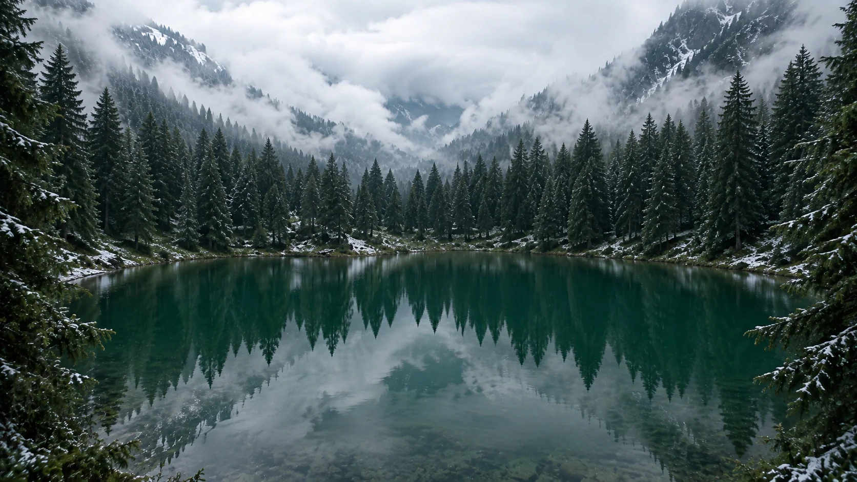 A still emerald lake beneath a quiet winter forest