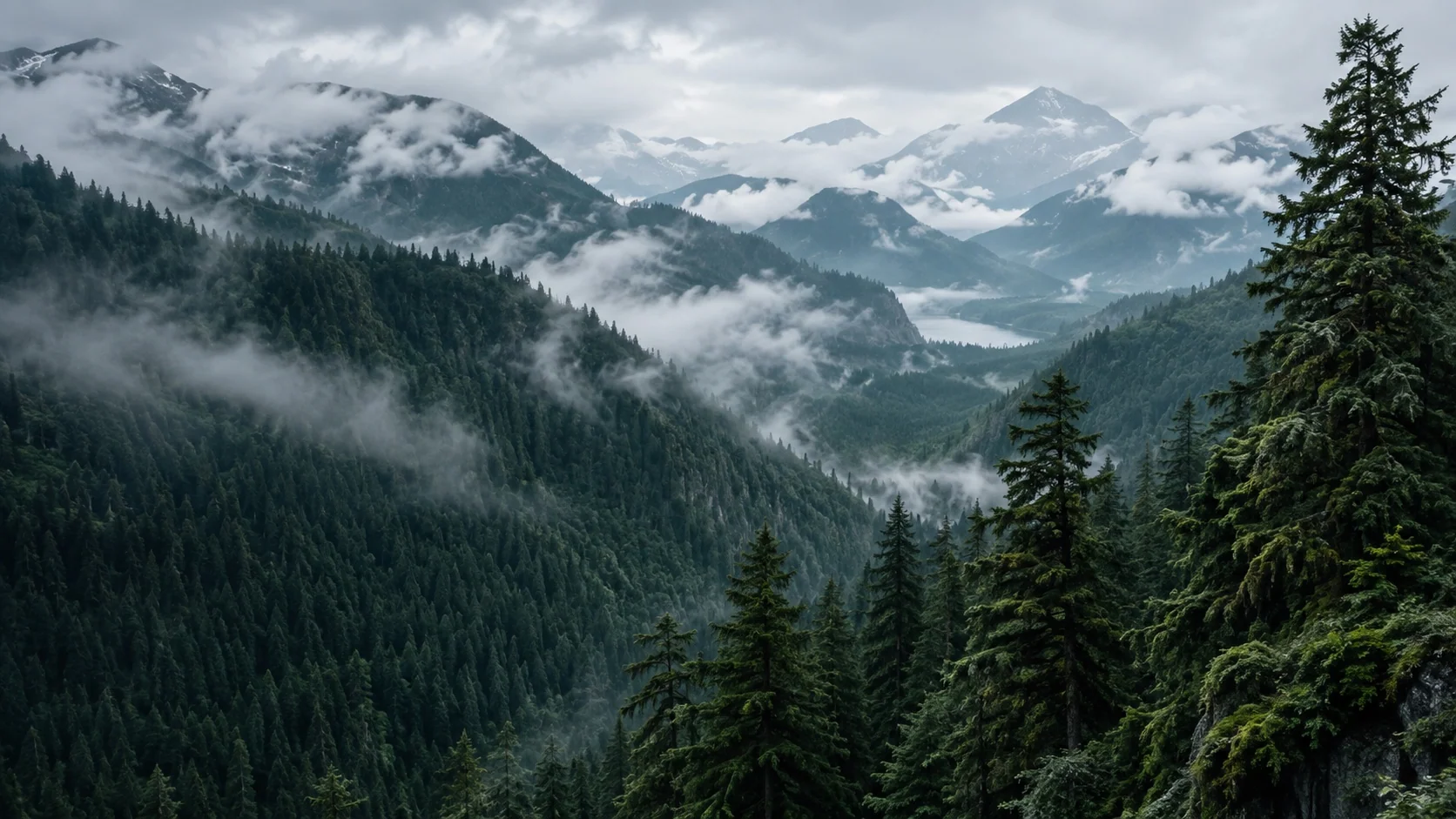Clouds resting among winter-green mountains