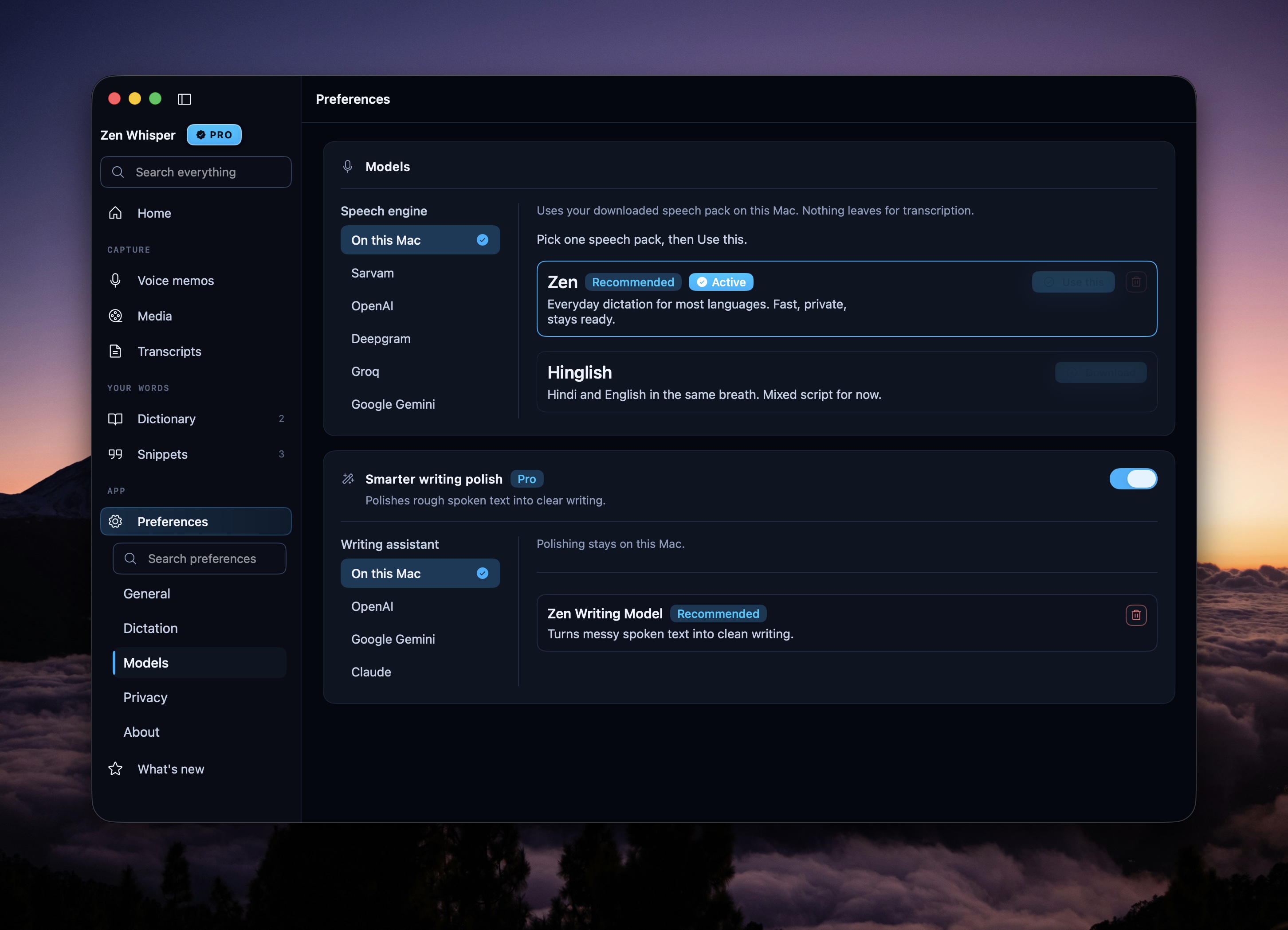 Speech engine settings offering on-device recognition and optional cloud providers you connect with your own keys, plus downloadable speech packs.